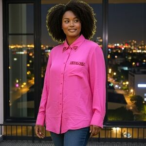 Diane Gilman Silk Beaded Shirt 1X Blouse Button Front Hot Pink Fuschia‎ Colorful